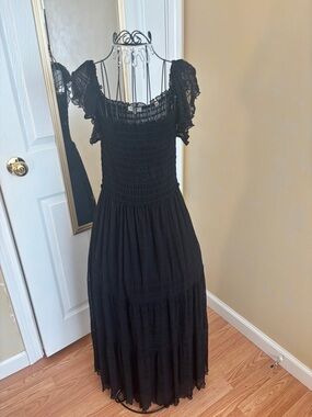 Max Studio Black Smocked Lace-Trim Tiered Maxi Dress